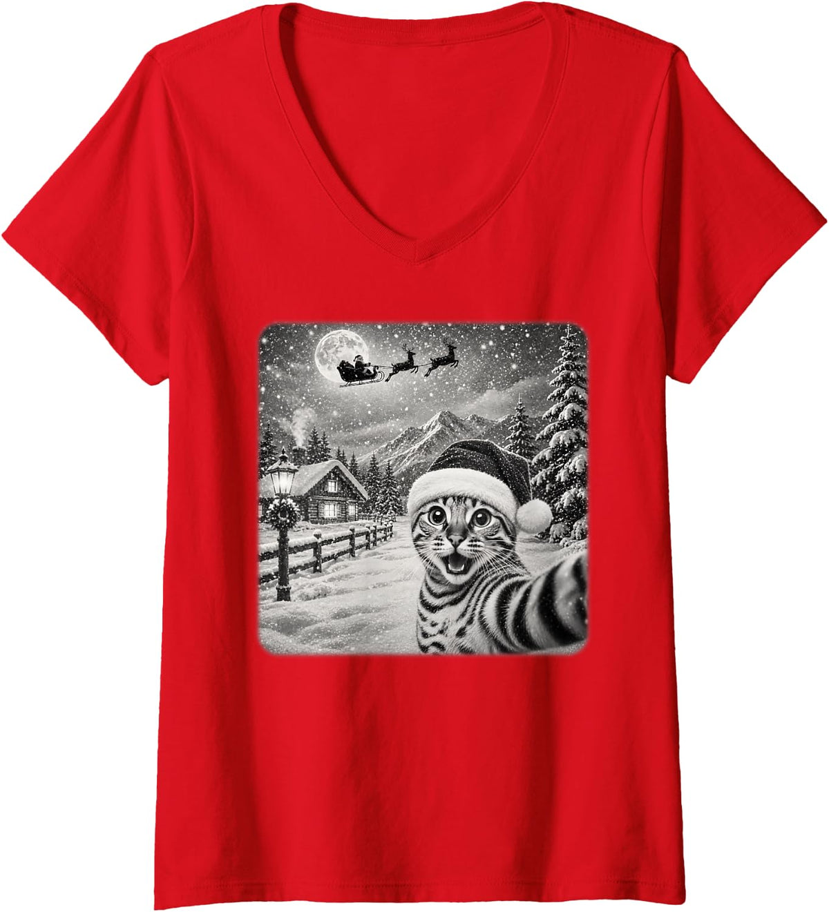 Women's Xmas Moon Night Starry Santa Sleigh Fun Bengal Cat Christmas V-Neck T-Shirt - Red