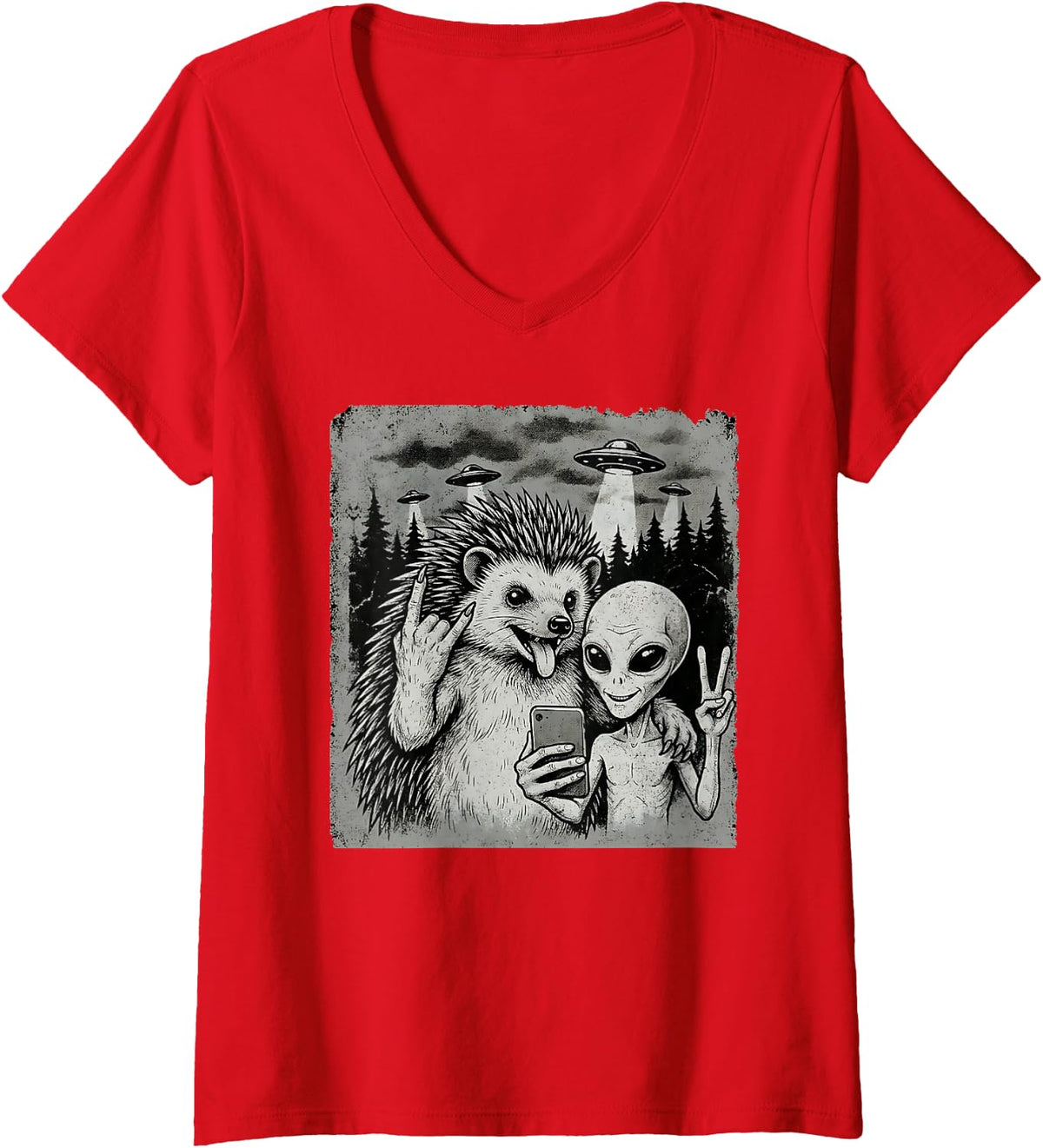 Women's Funny Hedgehog and Alien Rock On Hand Sign UFO Selfie V-Neck T-Shirt - Red