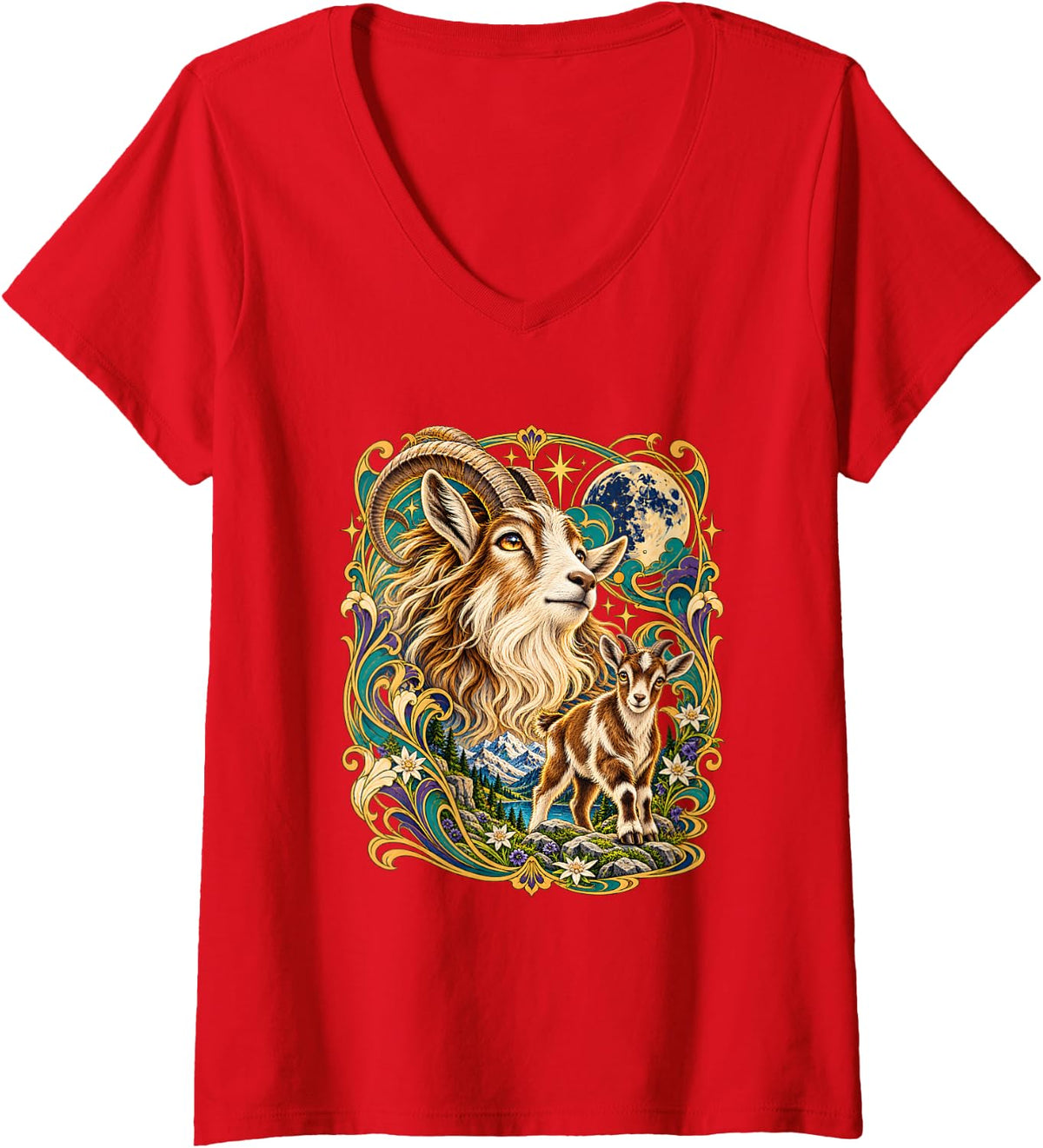 Women's Art Nouveau Mountain Goat and Kid Full Moon Nature Landscape V-Neck T-Shirt - Red