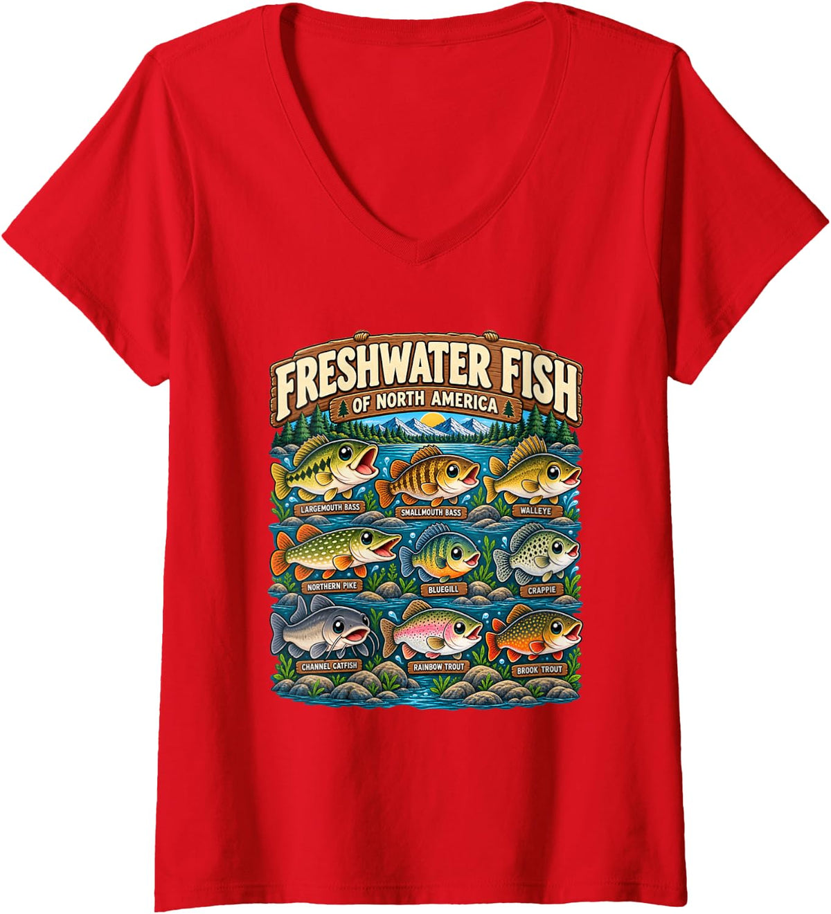 Women's Cute Freshwater Fish North America Bass Trout Fishing V-Neck T-Shirt - Red