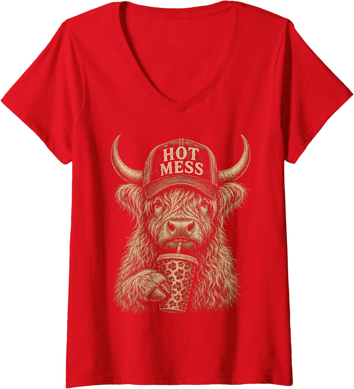 Women's Hot Mess Highland Cow Funny Cute Coffee Lover Graphic V-Neck T-Shirt - Red