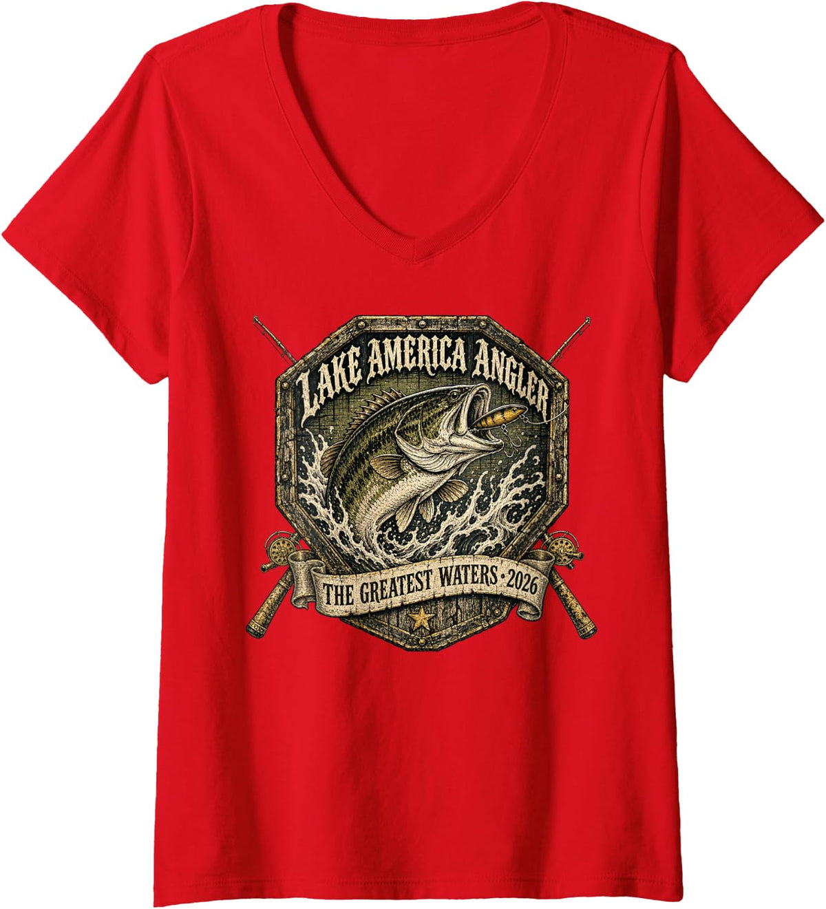 Women's Lake America Angler BASS Fishing Club V-Neck T-Shirt - Red