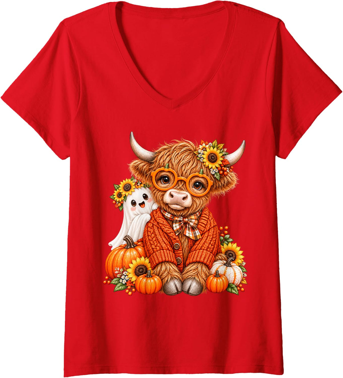 Women's Cute Highland Cow Ghost Fall Halloween Pumpkin Cowgirl Fall V-Neck T-Shirt - Red