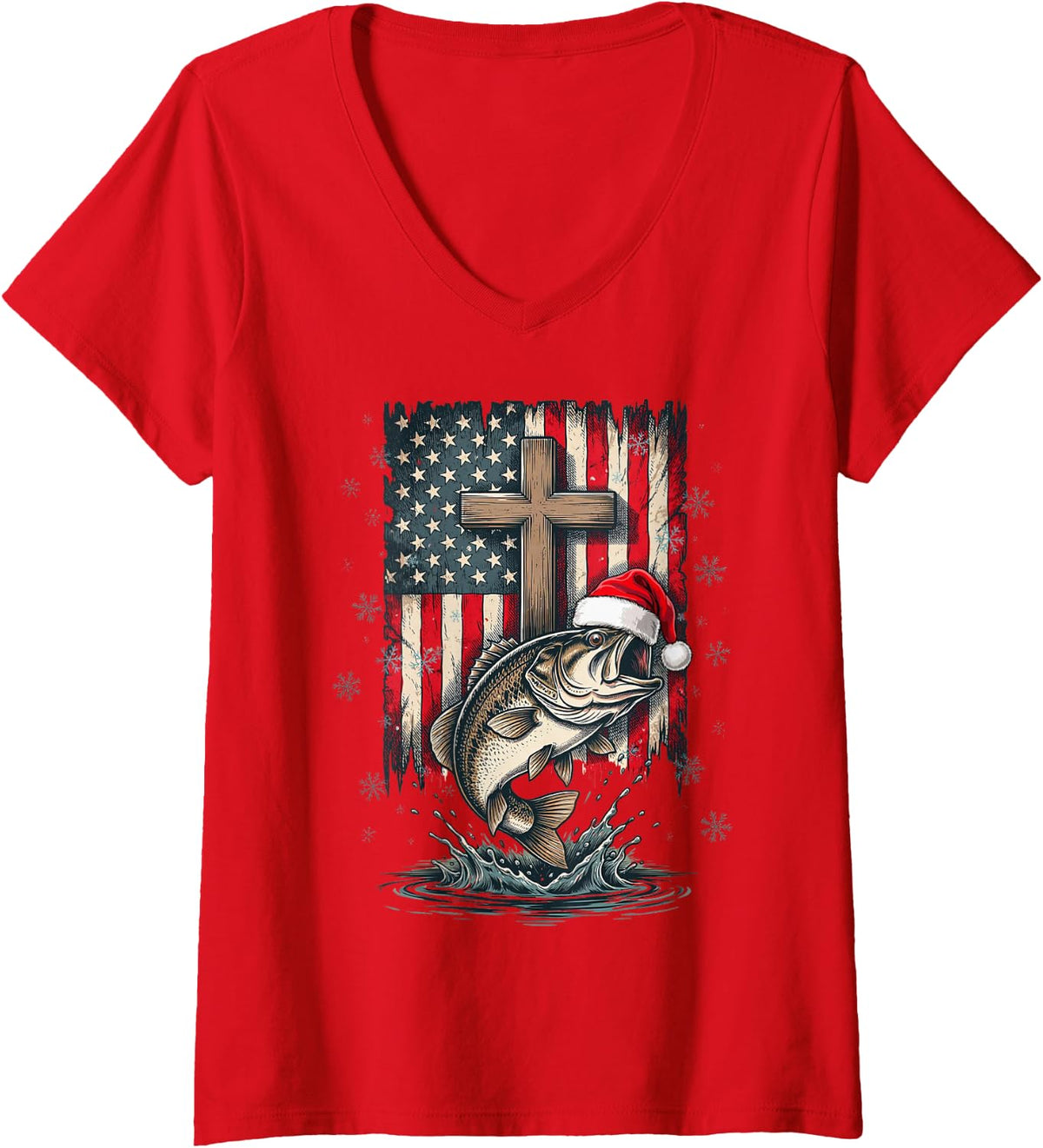 Women's Patriotic Christian Cross Fishing Christmas Bass V-Neck T-Shirt - Red