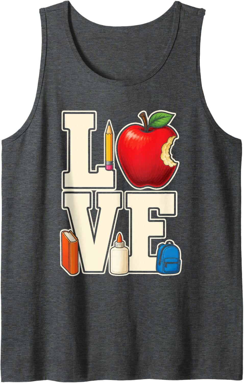Elementary School Teacher Love Book Pencil Apple Gift Sleeveless Tank Top - Dark Heather Grey