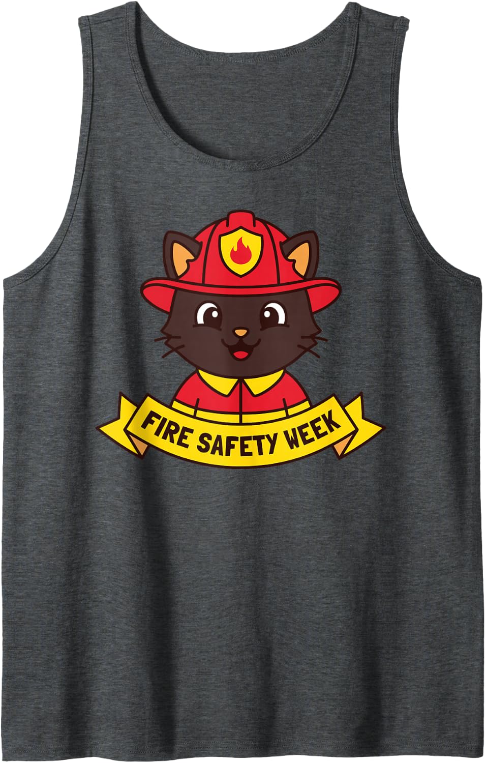 Cute Cat Firefighter Fire Safety Week Awareness Sleeveless Tank Top - Dark Heather Grey