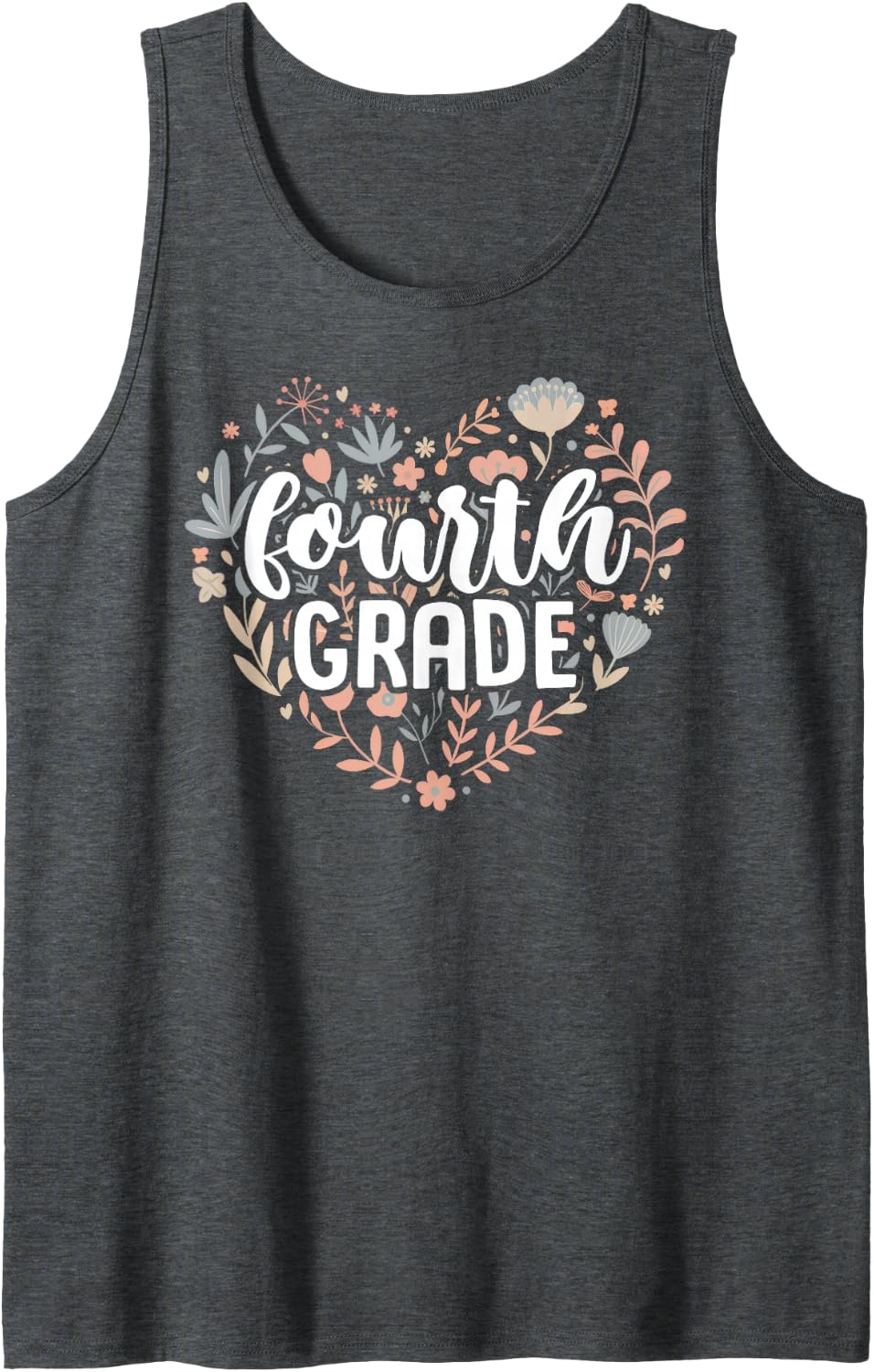 Fourth Grade Floral Heart Back to School Teacher Women Girls Sleeveless Tank Top - Dark Heather Grey