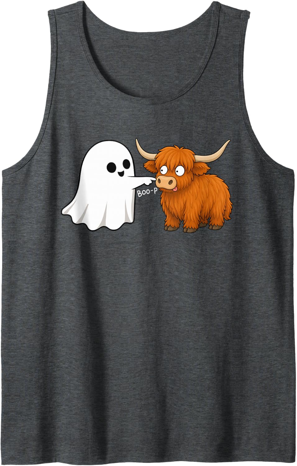Cute Scottish Highland Cow Boop Ghost Halloween Tank Top - Dark Heather Grey