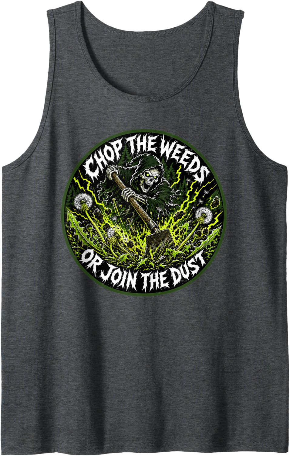 Funny Heavy Metal Reaper Gardening Chop The Weeds Tank Top - Dark Heather Grey