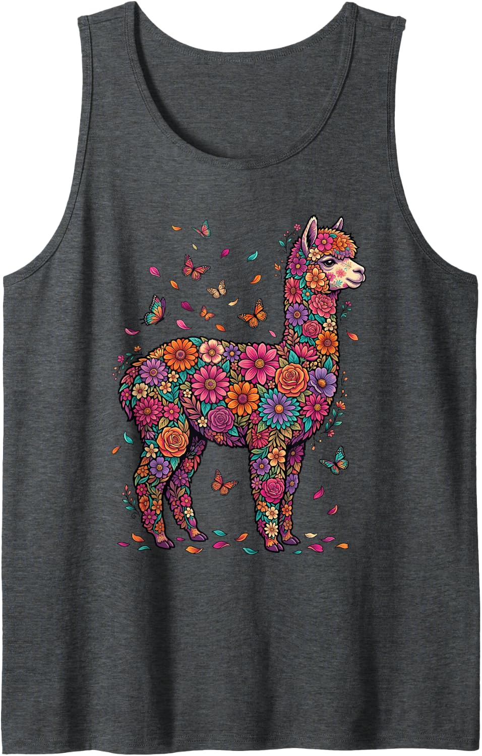 Alpaca Colorful Floral Butterfly Flowers Botanical Sleeveless Tank Top - Dark Heather Grey