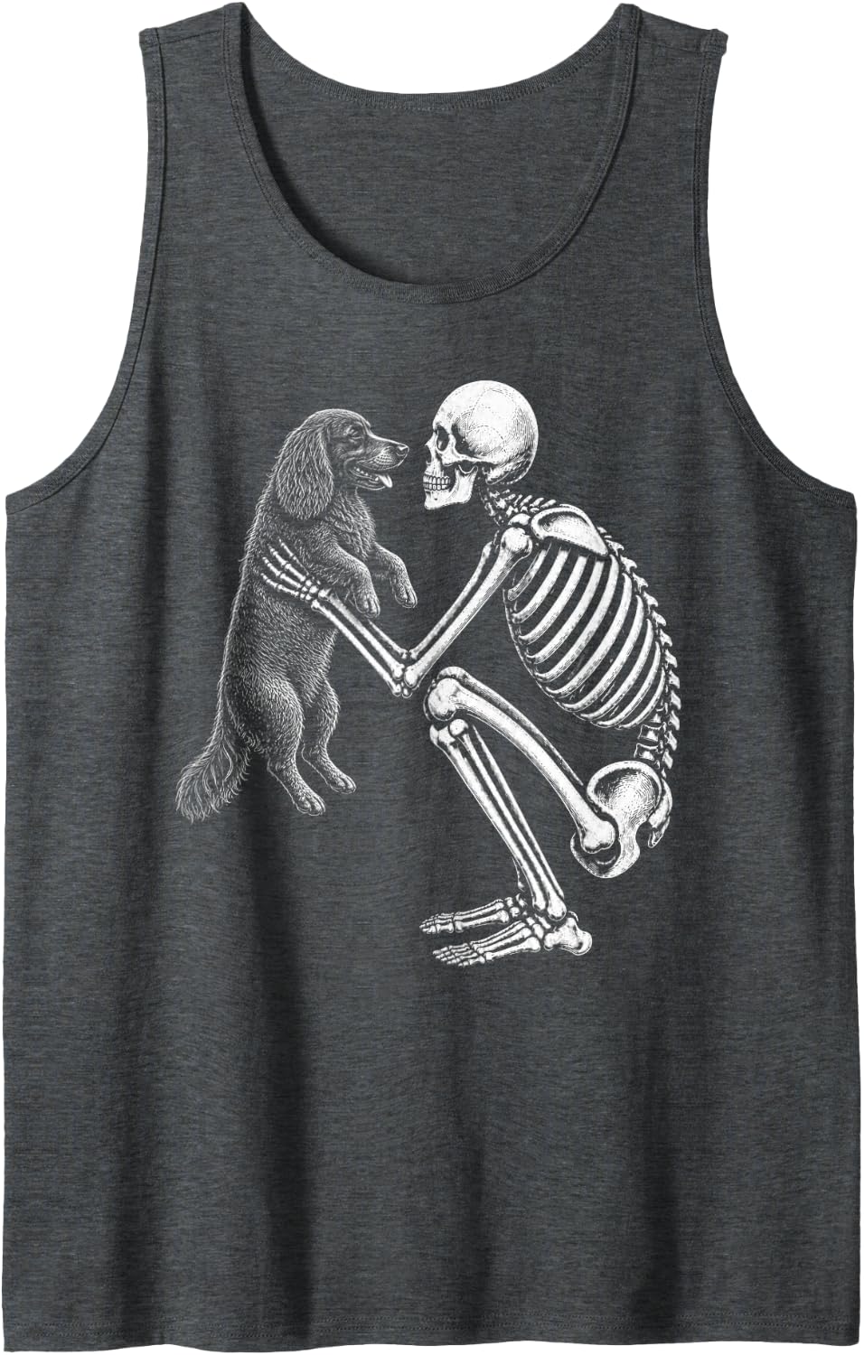 Skeleton Holding Boykin Spaniel Retro Halloween Dog Sleeveless Tank Top - Dark Heather Grey