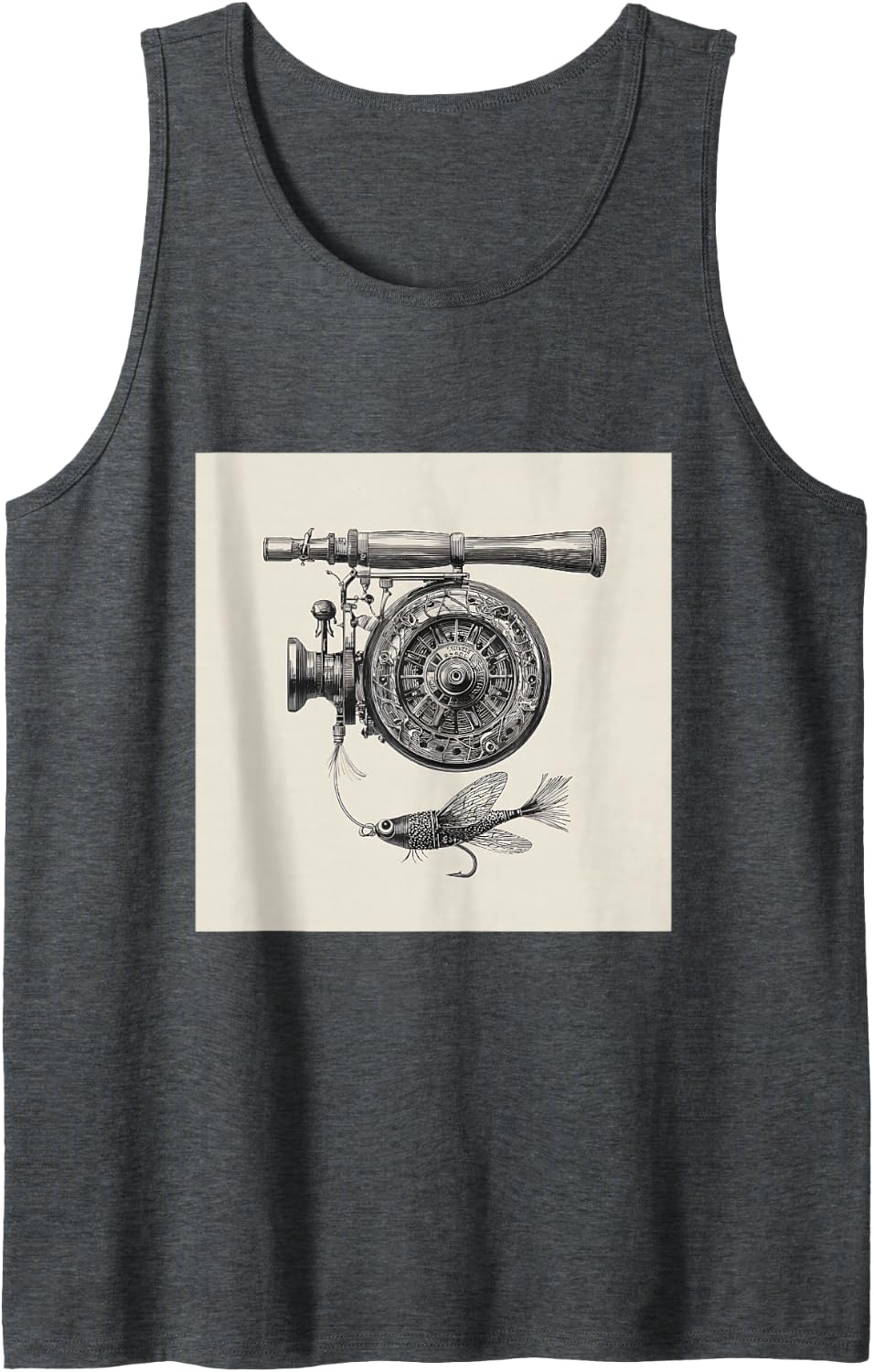 Vintage Fishing Reel Fly Fishing Rod Patent Illustration Sleeveless Tank Top - Dark Heather Grey