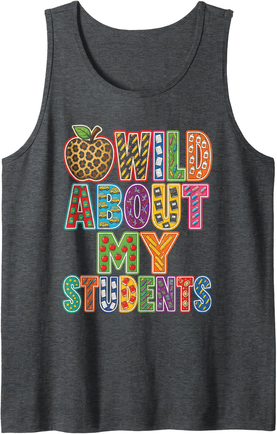 Elementary Teacher Wild About My Students Leopard Apple Sleeveless Tank Top - Dark Heather Grey