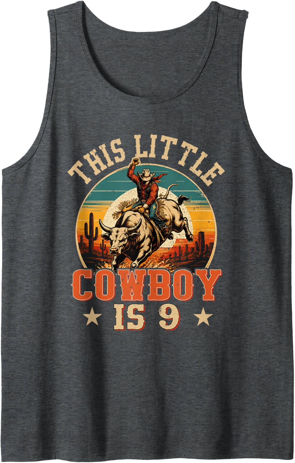 9 Years Old Bull Riding Lover 9th Birthday Cowboy Theme Tank Top - Dark Heather Grey