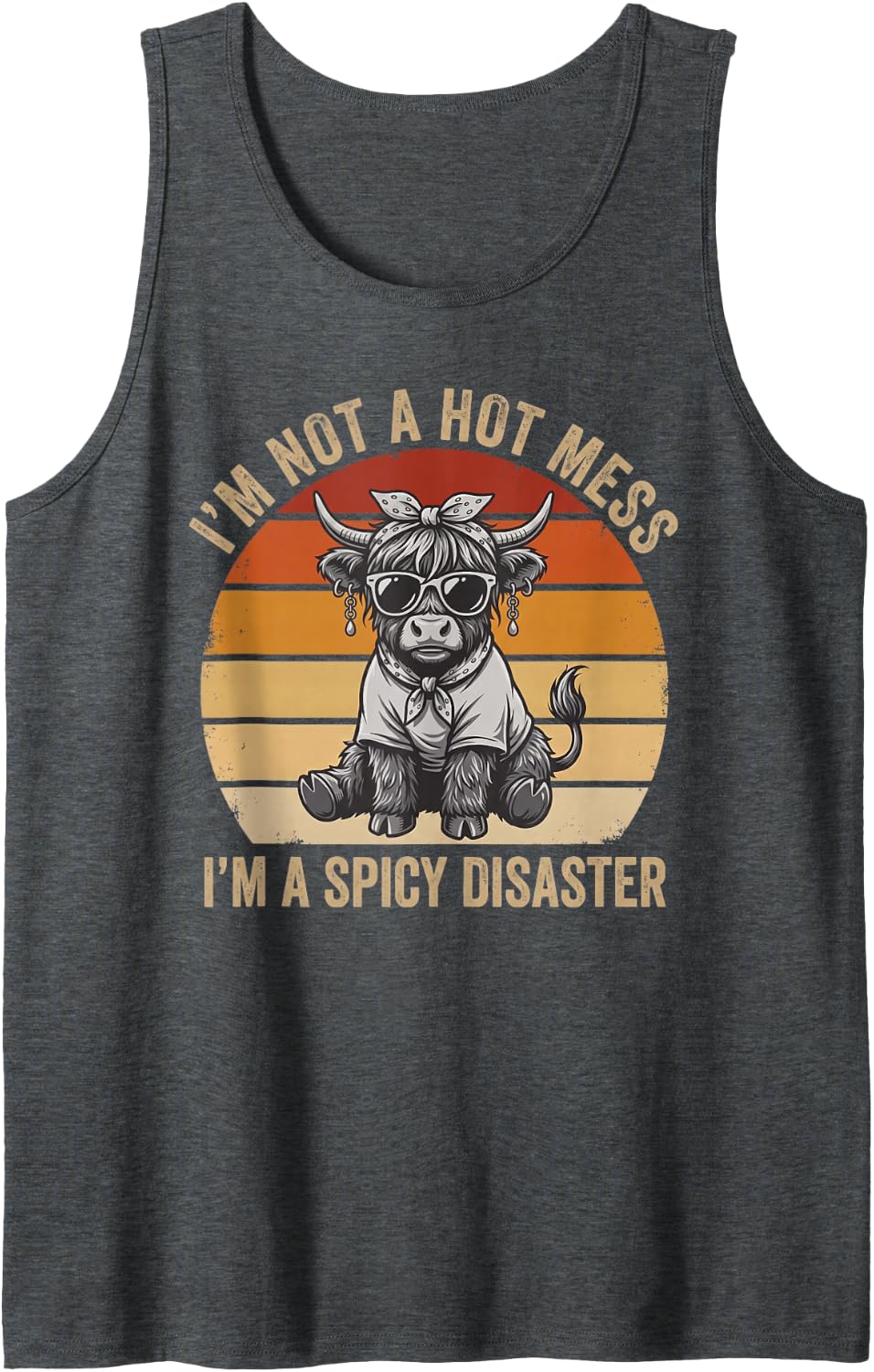 Hot Mess Spicy Disaster Highland Cow Funny Sunset Graphic Sleeveless Tank Top - Dark Heather Grey