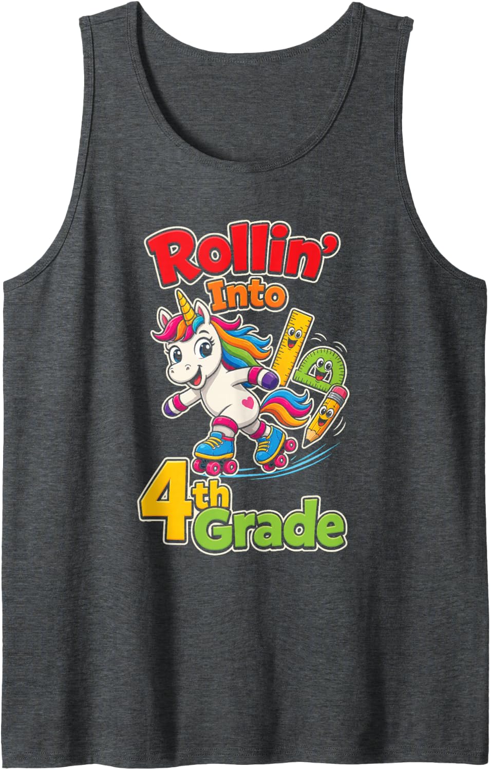 4th Grade Unicorn Rollin' Into Fourth Grade Sleeveless Tank Top - Dark Heather Grey