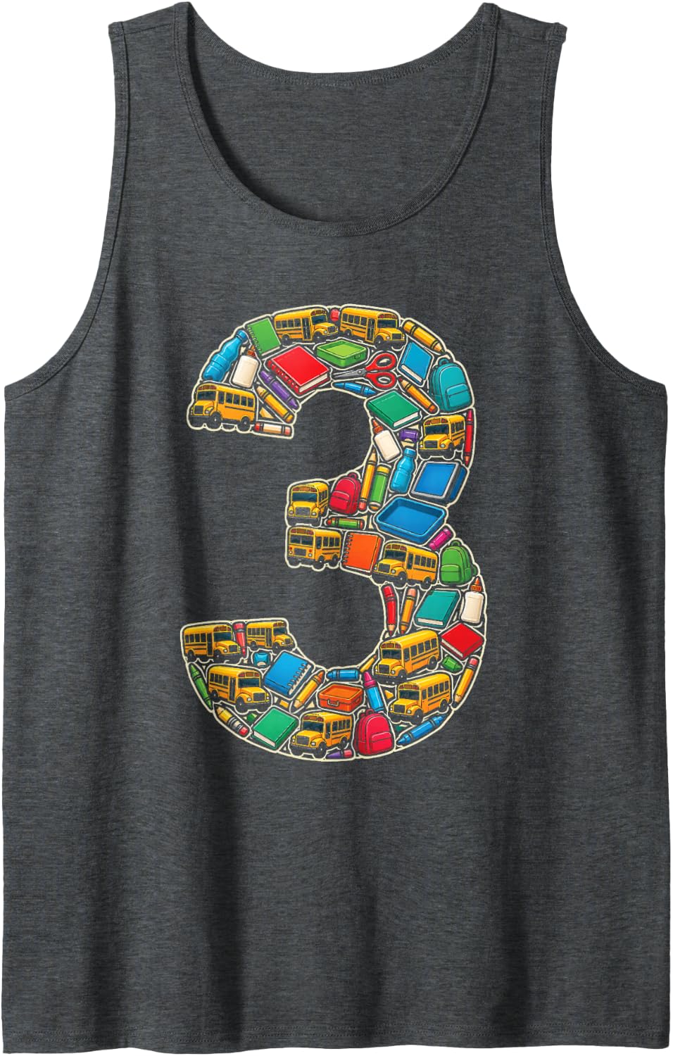 3rd Grade Elementary School Supplies Number Three Design Sleeveless Tank Top - Dark Heather Grey