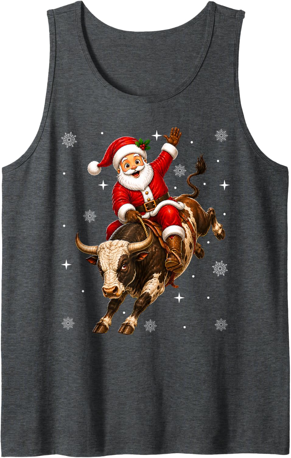 Rodeo Santa Riding Bull Christmas Fun Sleeveless Tank Top - Dark Heather Grey