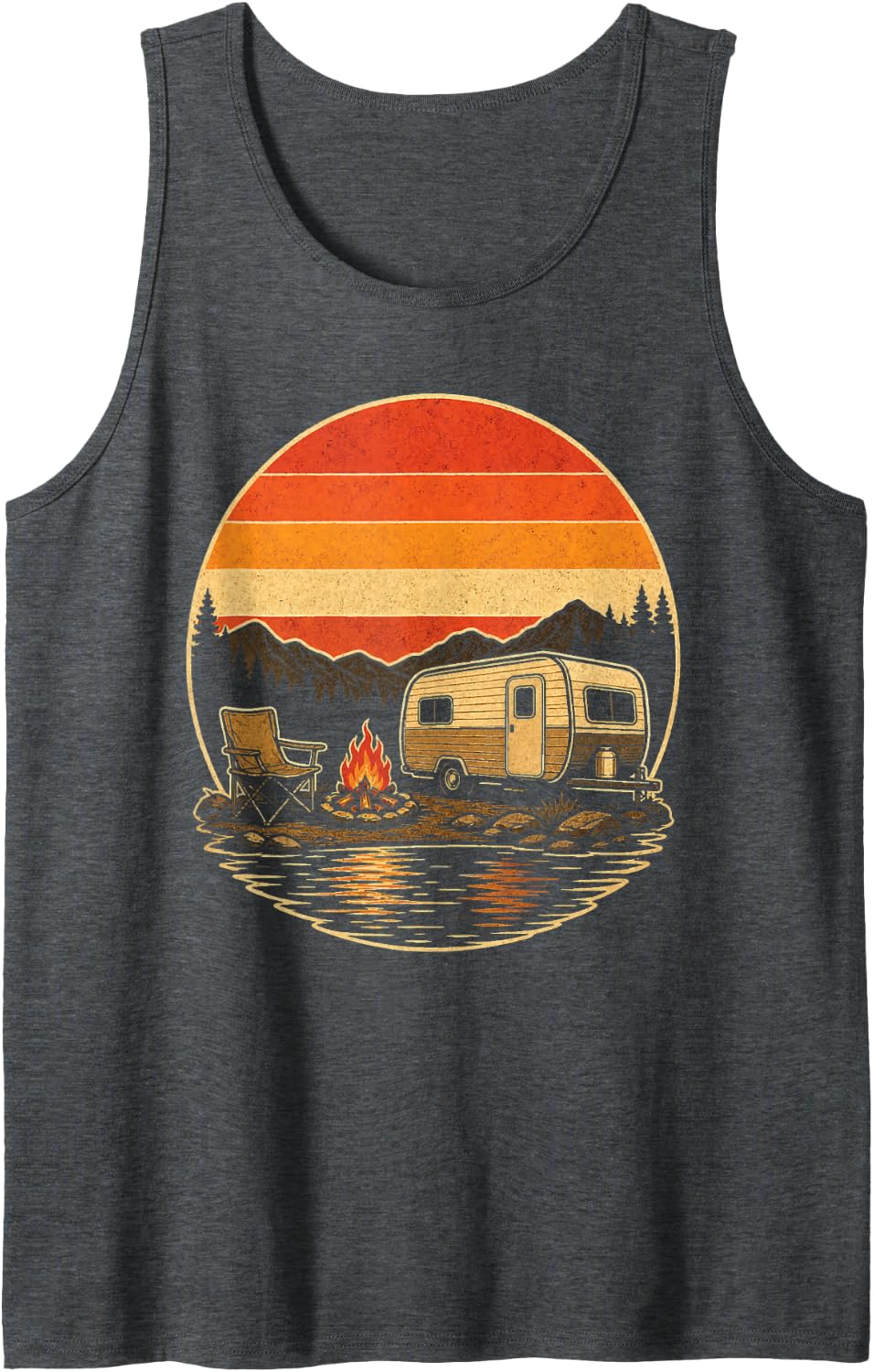 Camping Retro Sun Camper Travel Trailer Lake Campfire Art Sleeveless Tank Top - Dark Heather Grey