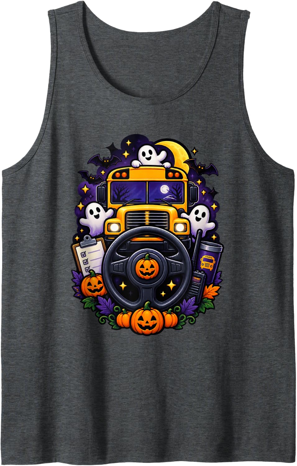 Halloween School Bus Driver Spooky Fall Pumpkins Sleeveless Tank Top - Dark Heather Grey