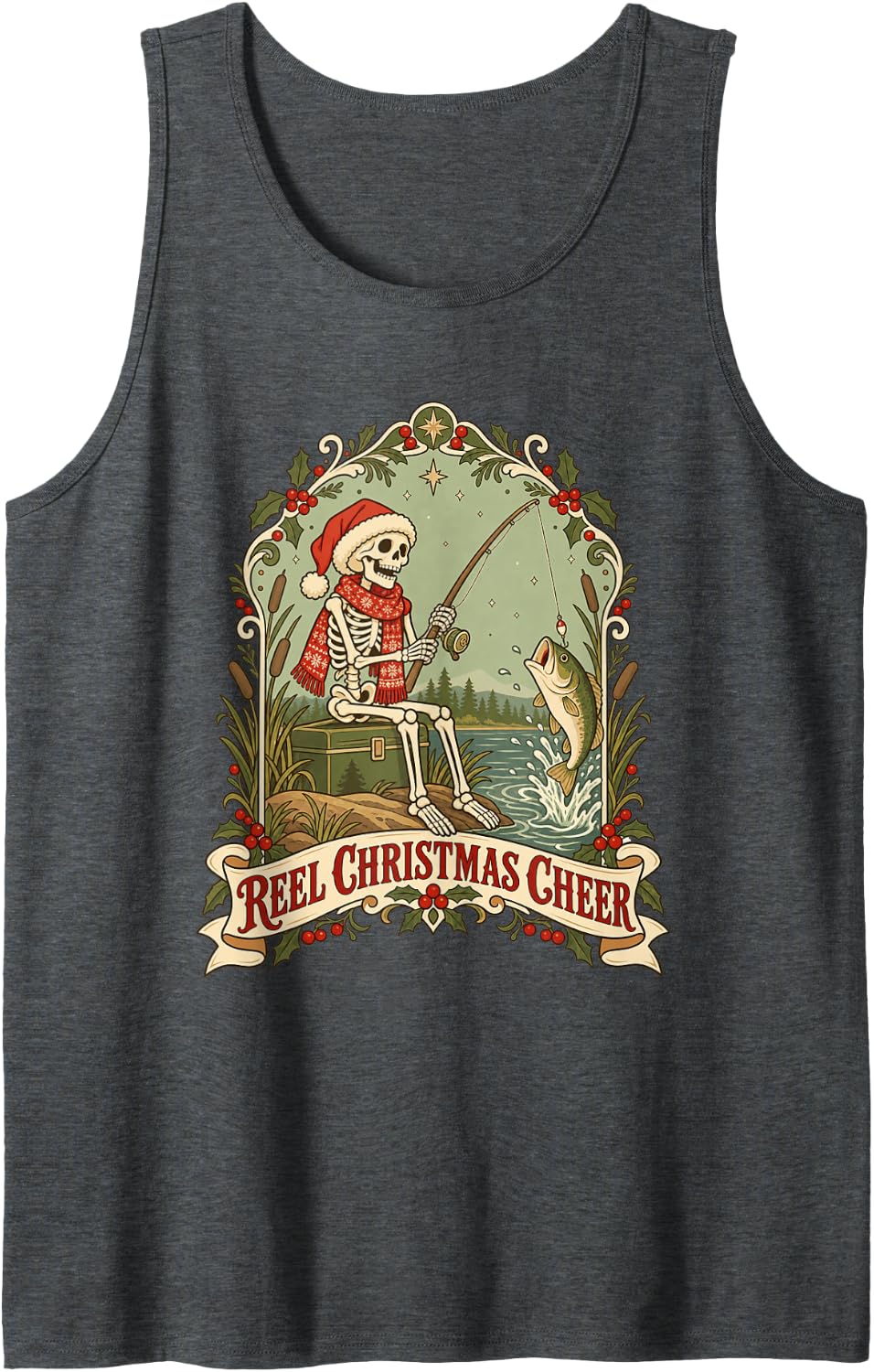 Reel Christmas Cheer Skeleton Fishing Funny Angler Holiday Sleeveless Tank Top - Dark Heather Grey