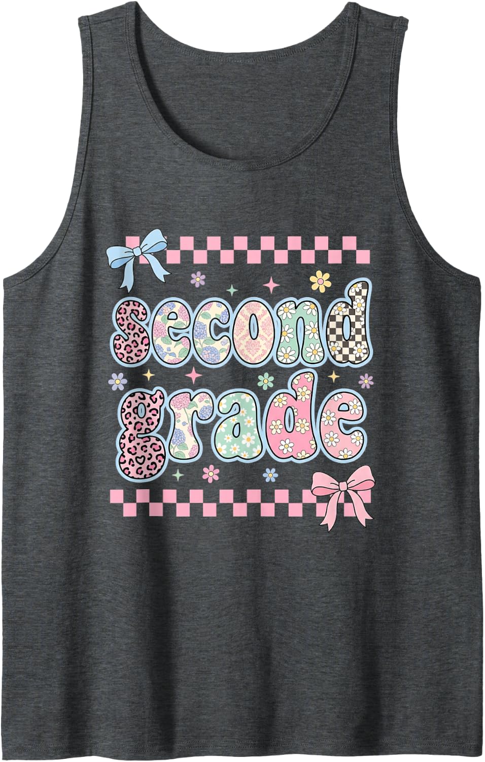 Second Grade Back to School Cute Bow Floral Kids Sleeveless Tank Top - Dark Heather Grey