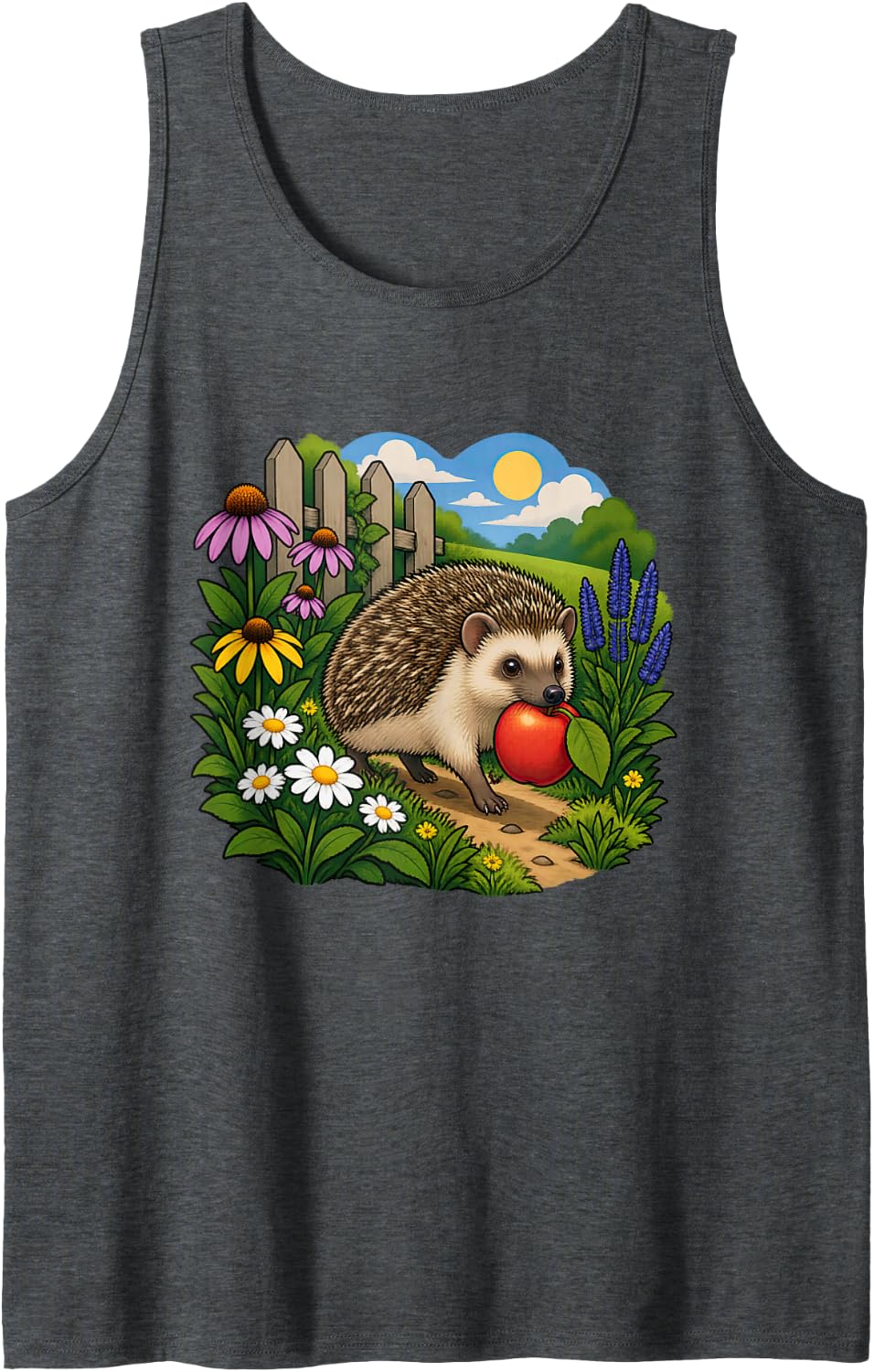 Hedgehog Carrying a Fallen Apple Through Meadow Flowers Sleeveless Tank Top - Dark Heather Grey