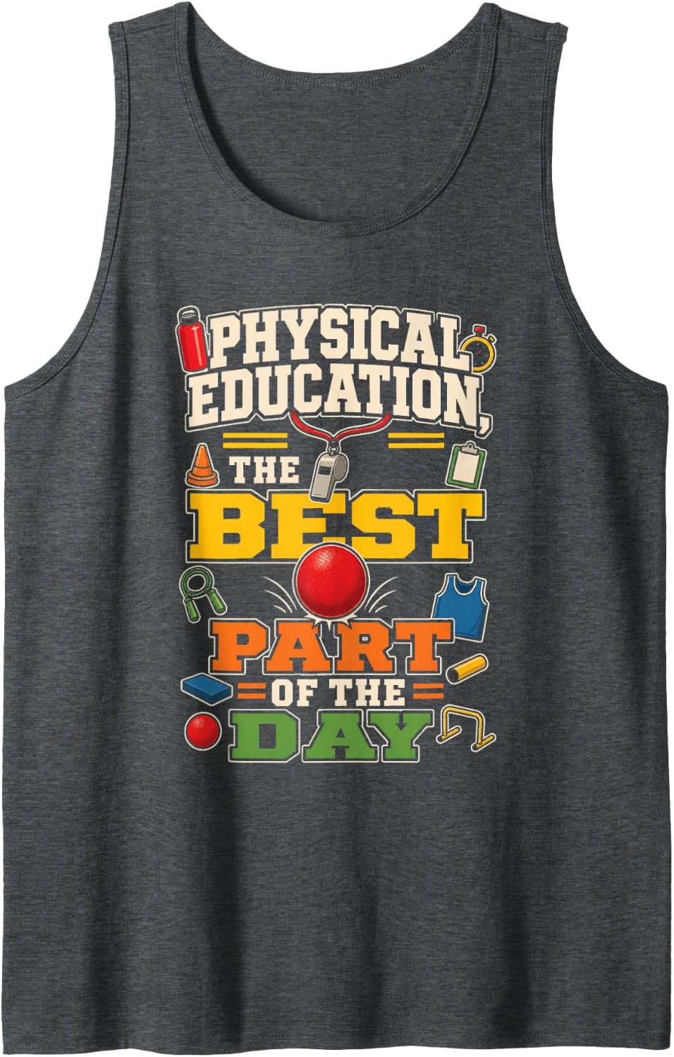 PE Teacher Physical Education Gym Whistle Dodgeball Gift Sleeveless Tank Top - Dark Heather Grey