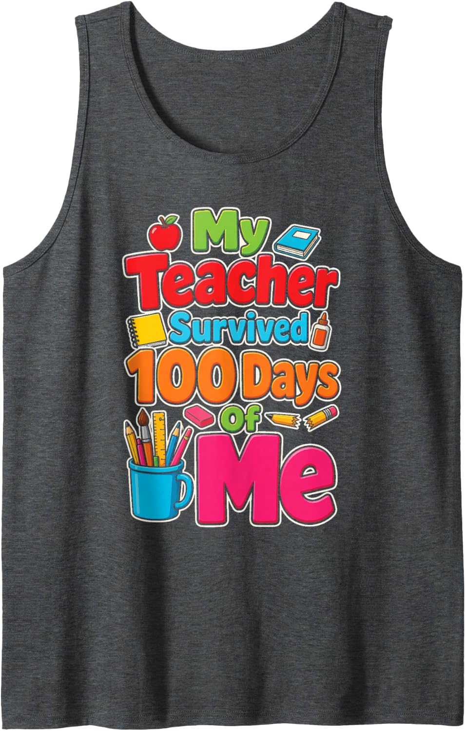100 Days of School My Teacher Survived Me Elementary Kids Sleeveless Tank Top - Dark Heather Grey