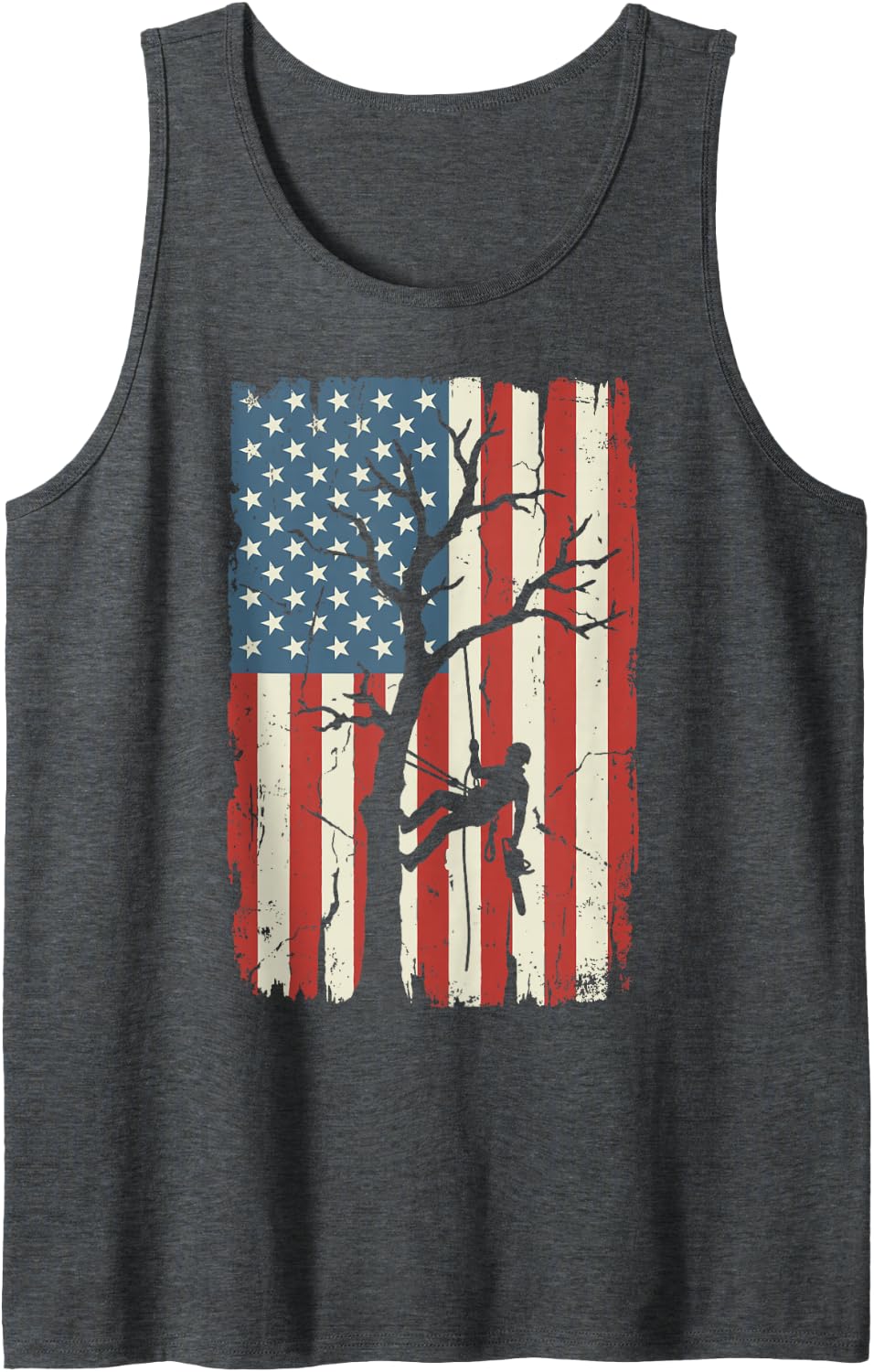 US American Flag Arborist Tree Climber Lumberjack Joke Tee Sleeveless Tank Top - Dark Heather Grey