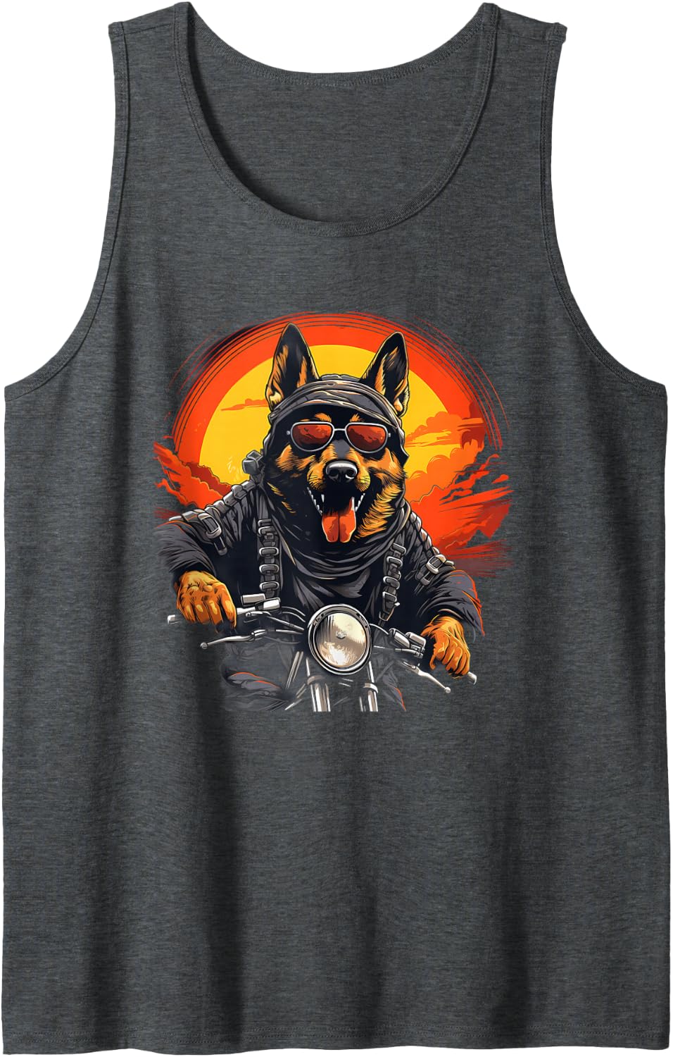 Biker German Shepherd Dog Riding Motorbike Sleeveless Tank Top - Dark Heather Grey
