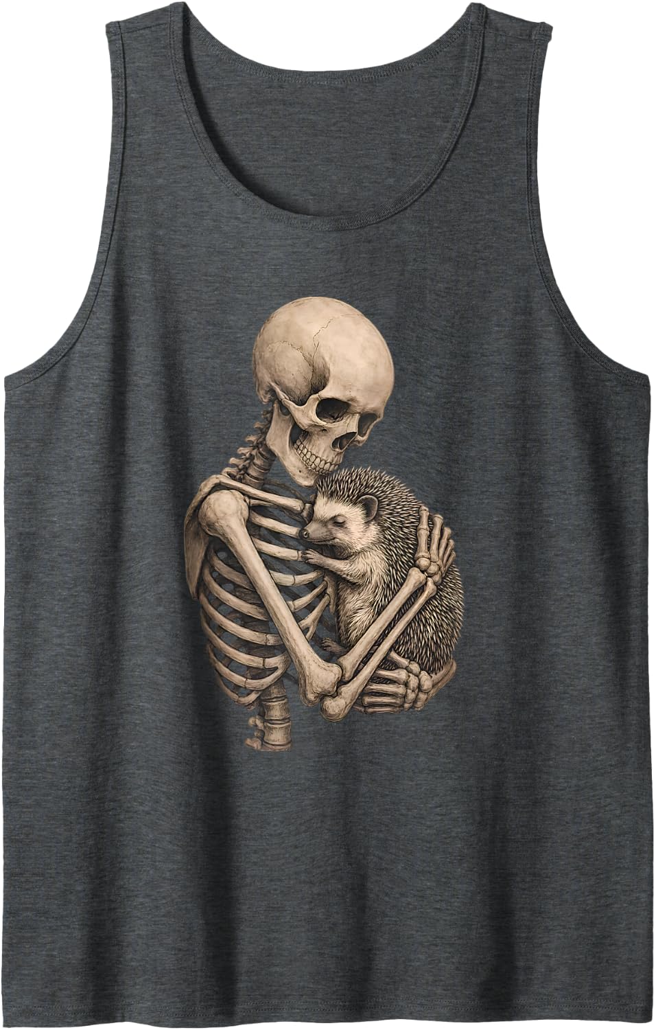 Skeleton Hugging Hedgehog Spooky Goth Animal Lover Cute Sleeveless Tank Top - Dark Heather Grey