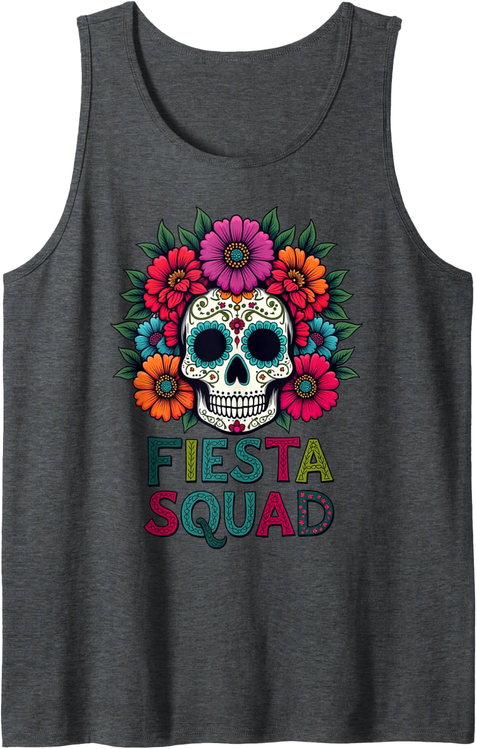 Funny Cinco de Mayo Fiesta Squad Sugar Skull Tank Top - Dark Heather Grey
