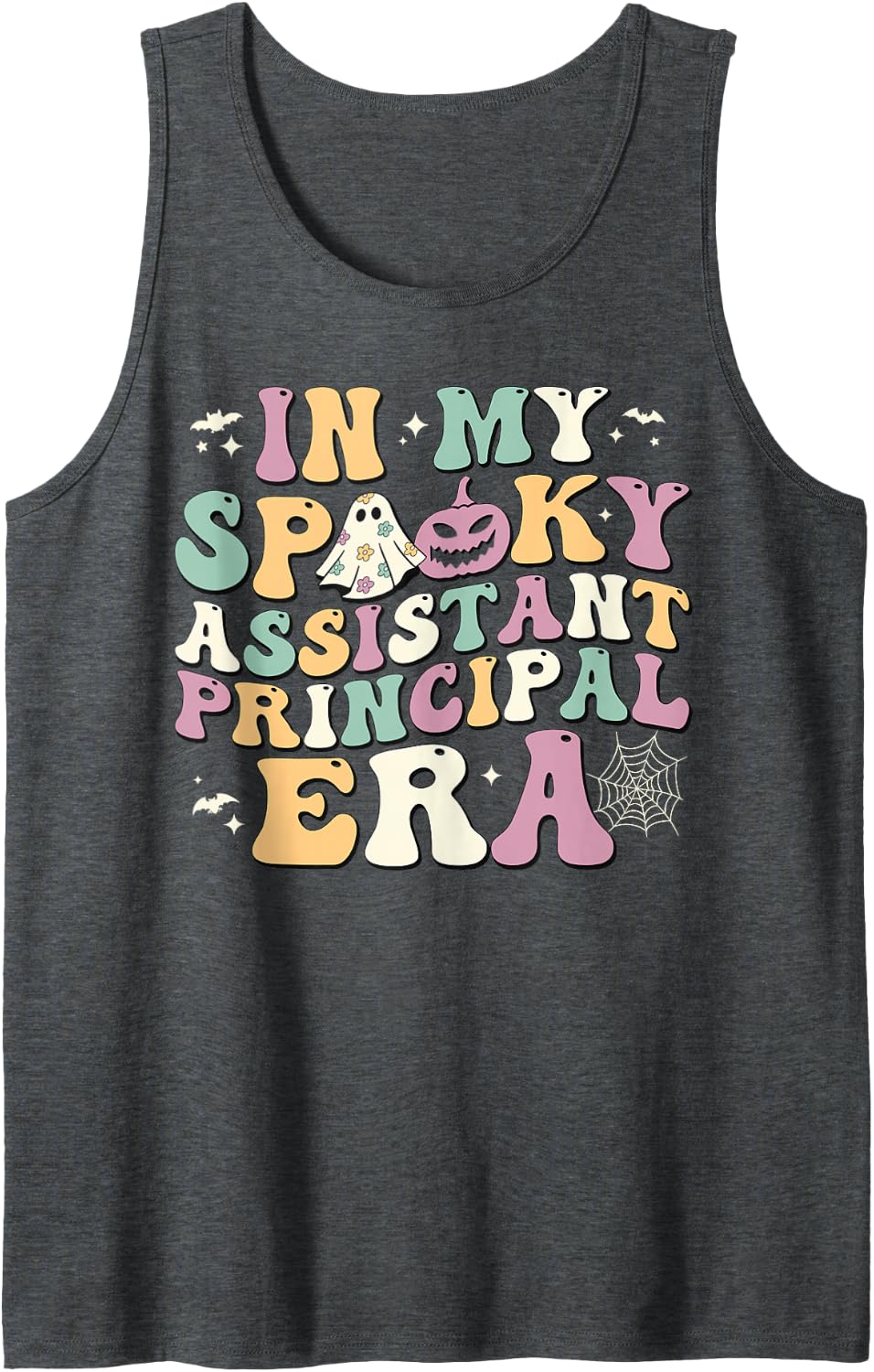 in My Spooky Assistant Principal Era Retro Ghost Halloween Sleeveless Tank Top - Dark Heather Grey