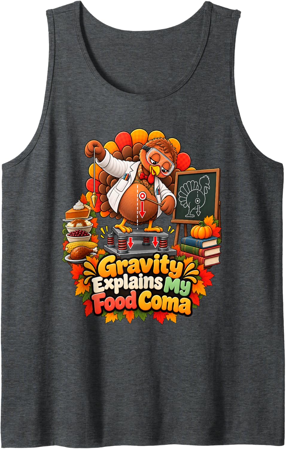 Funny Fall Science Thanksgiving Physics Teacher Turkey Sleeveless Tank Top - Dark Heather Grey