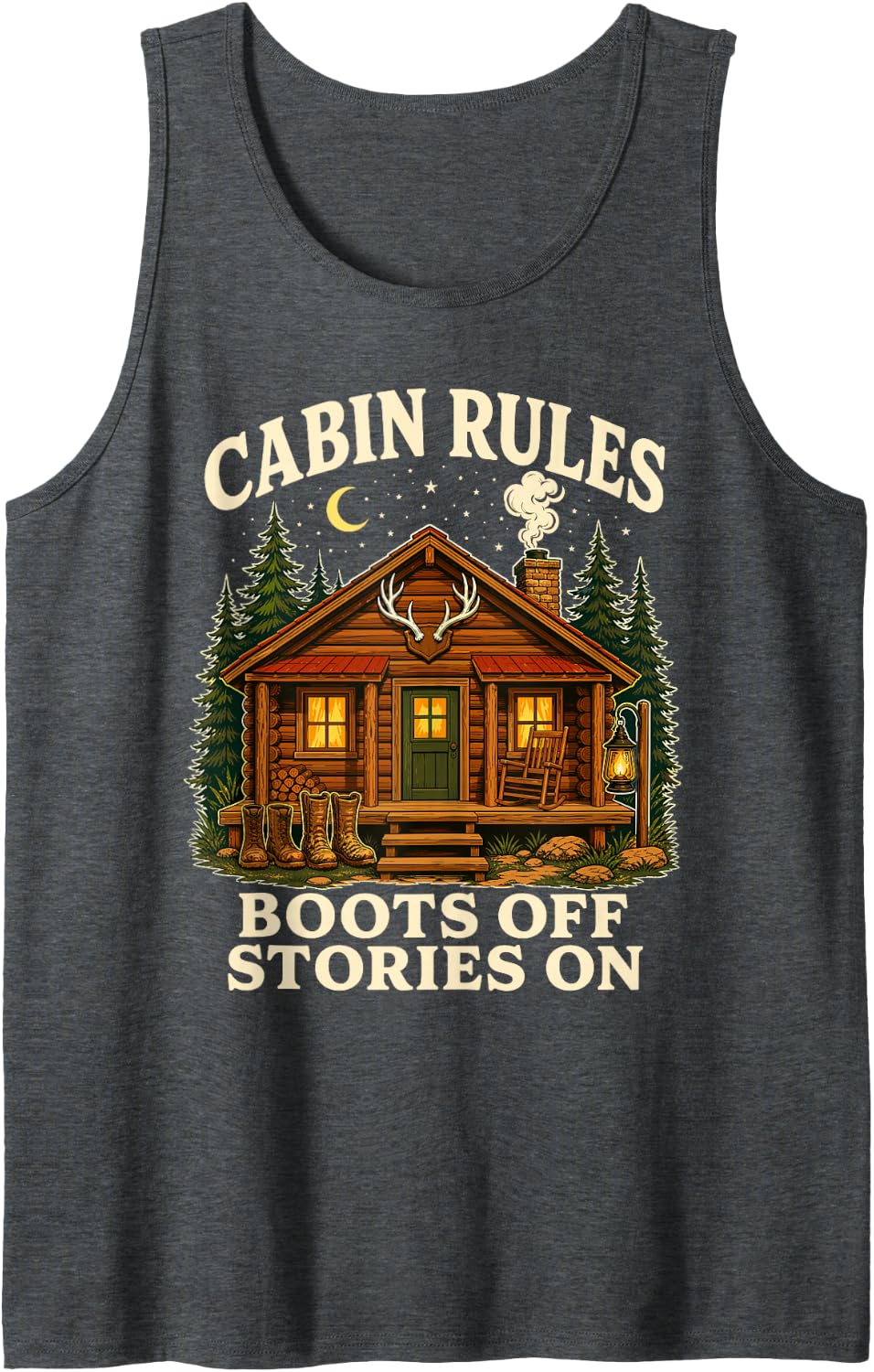 Cabin Rules Boots Off Stories on Deer Hunting Sleeveless Tank Top - Dark Heather Grey