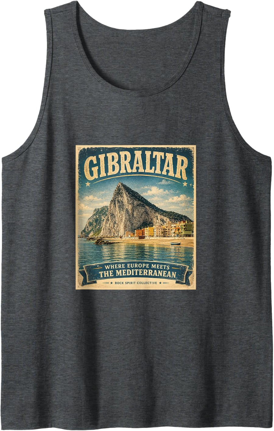 Vintage Travel Poster Rock of Gibraltar Heritage Design Tank Top - Dark Heather Grey