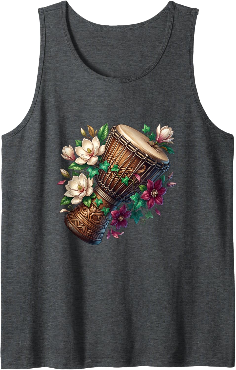 Hand Drum with Delicate White Flowers Sleeveless Tank Top - Dark Heather Grey
