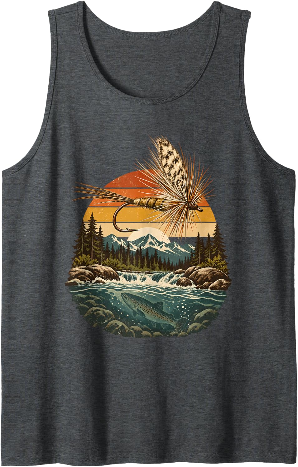 Retro Mountain Stream Fly Fishing Trout Angler Sleeveless Tank Top - Dark Heather Grey