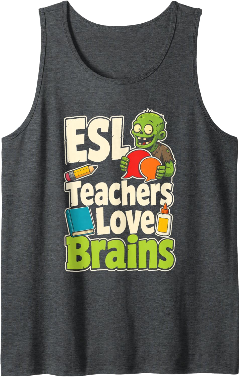 ESL Teacher Love Brains Zombie ELL Elementary Gift Sleeveless Tank Top - Dark Heather Grey