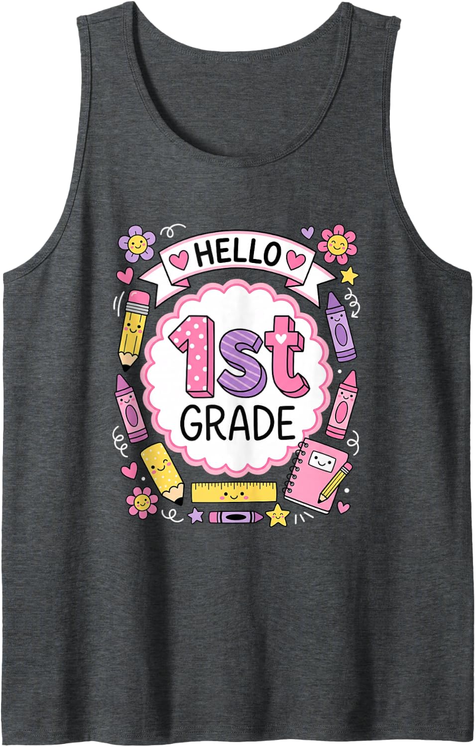 Hello 1ST Grade Back to School Day Sleeveless Tank Top - Dark Heather Grey