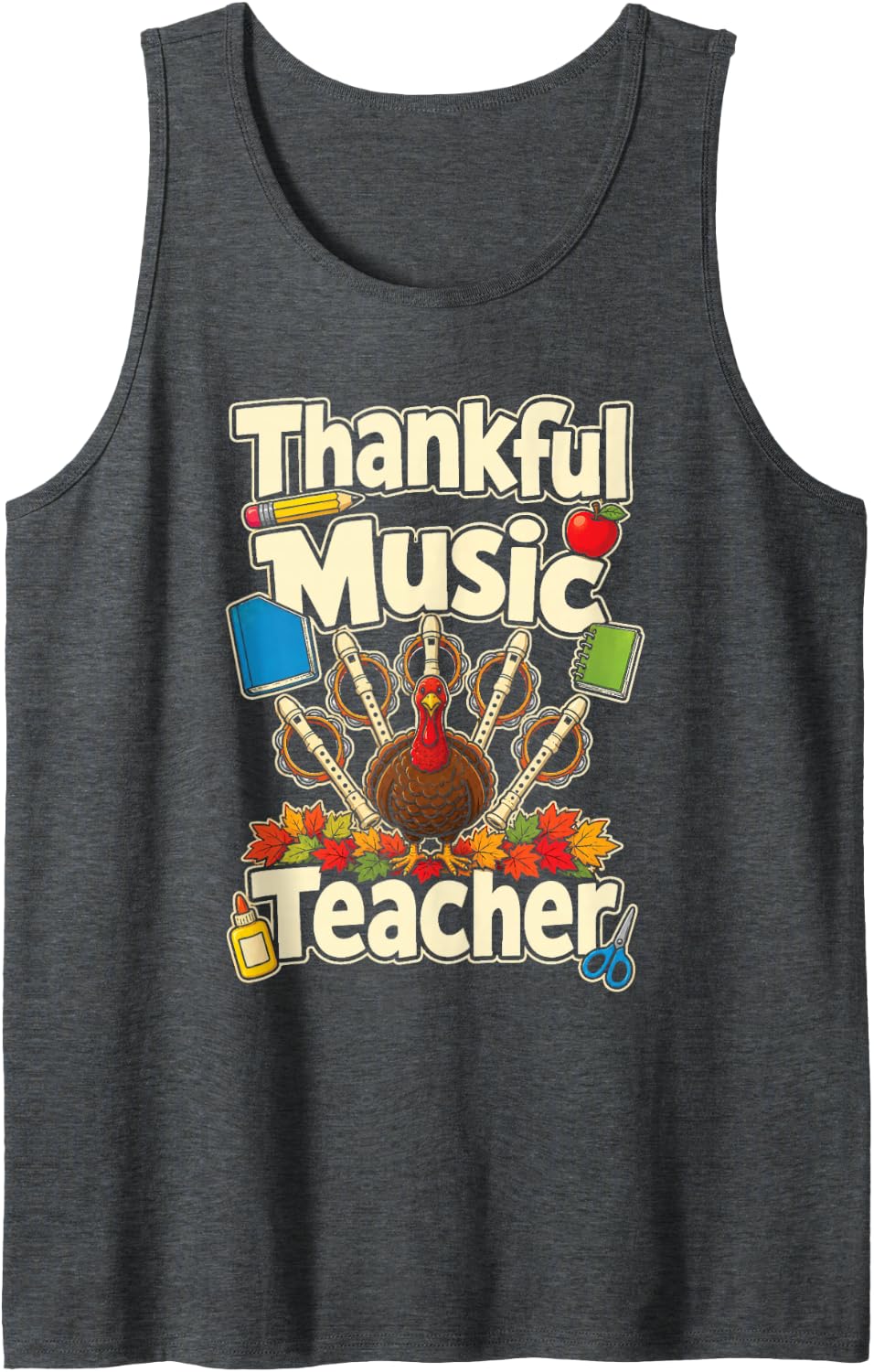 Music Teacher Thankful Turkey Fall Elementary Gift Sleeveless Tank Top - Dark Heather Grey