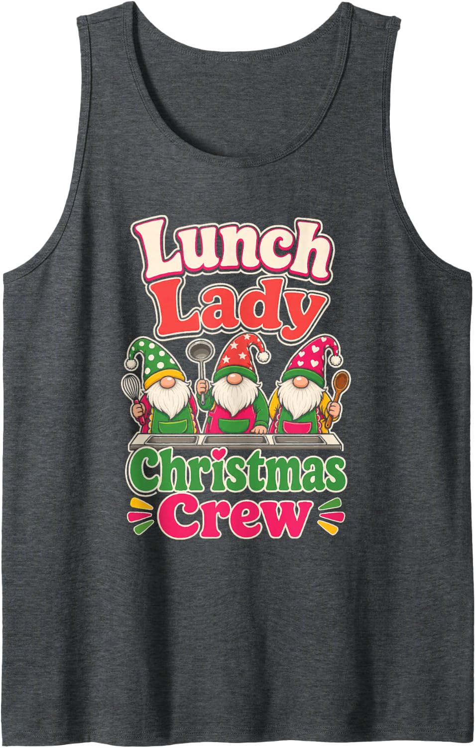 Lunch Lady Christmas Crew Cafeteria Gnome Elementary Sleeveless Tank Top - Dark Heather Grey