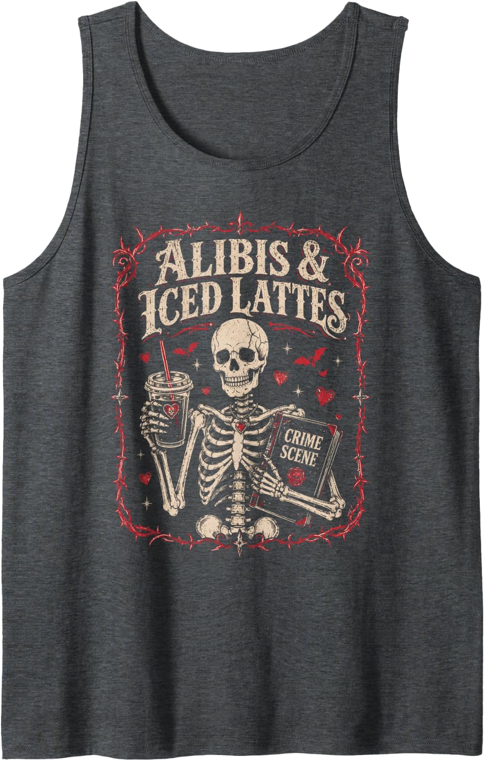 True Crime & Coffee Lover Skeleton Alibis & Iced Lattes Tank Top - Dark Heather Grey