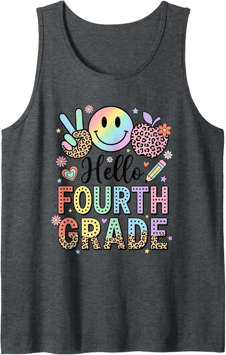 Hello Fourth Grade Back to School Kids Teacher Student Sleeveless Tank Top - Dark Heather Grey