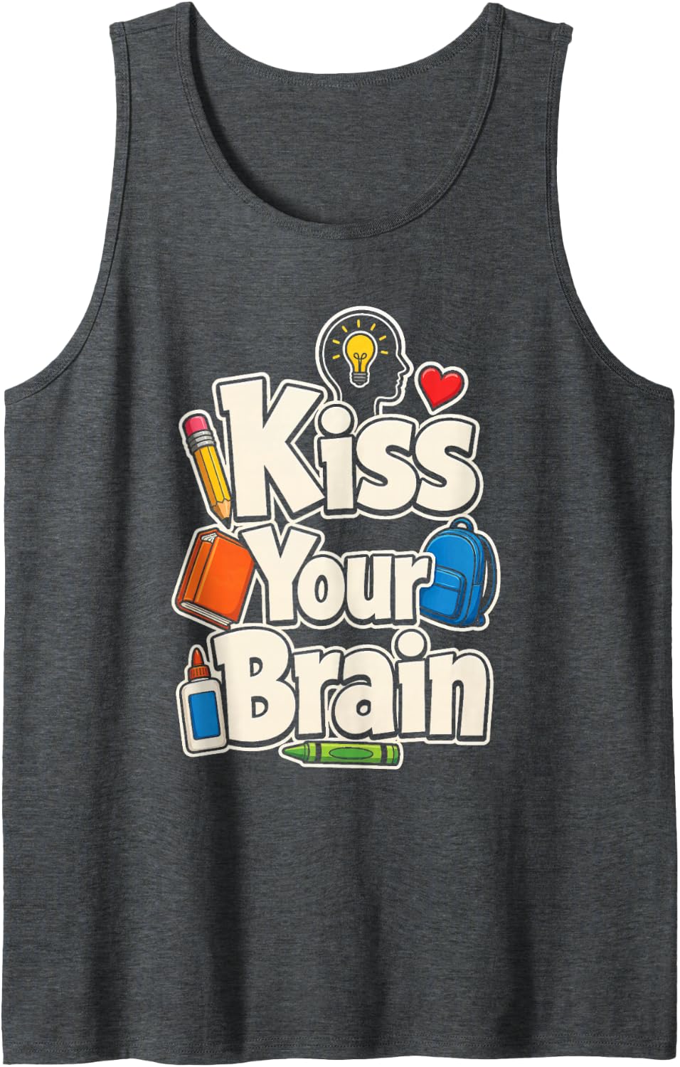 Elementary School Teacher Appreciation Kiss Your Brain Sleeveless Tank Top - Dark Heather Grey