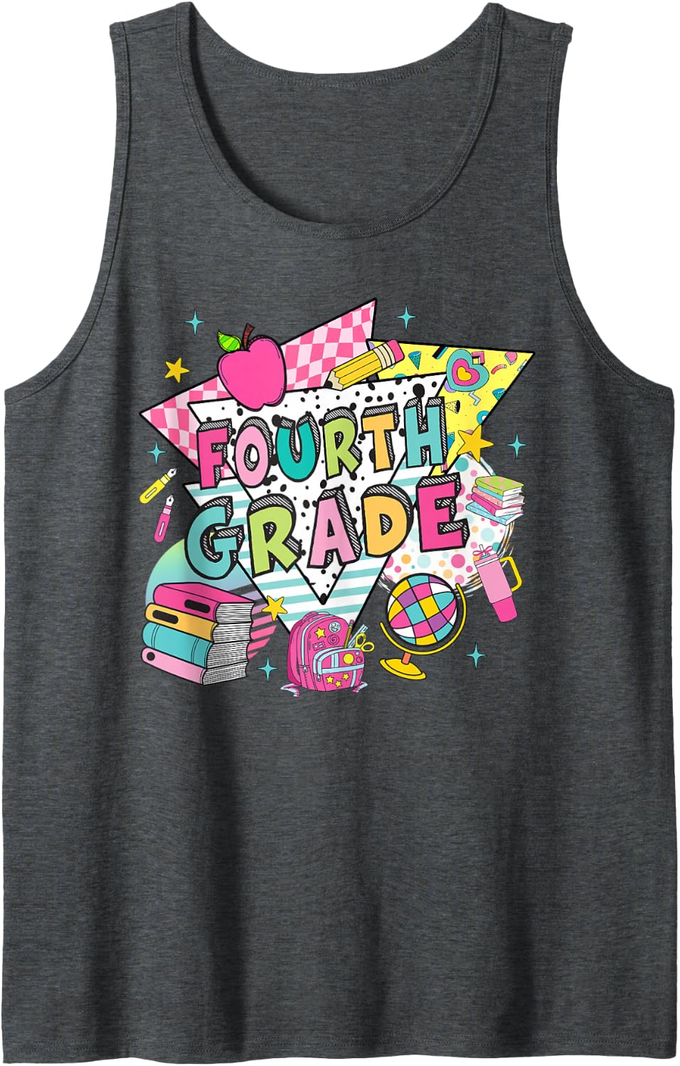 Fourth Grade Teachers Students Retro 90s Back to School Sleeveless Tank Top - Dark Heather Grey