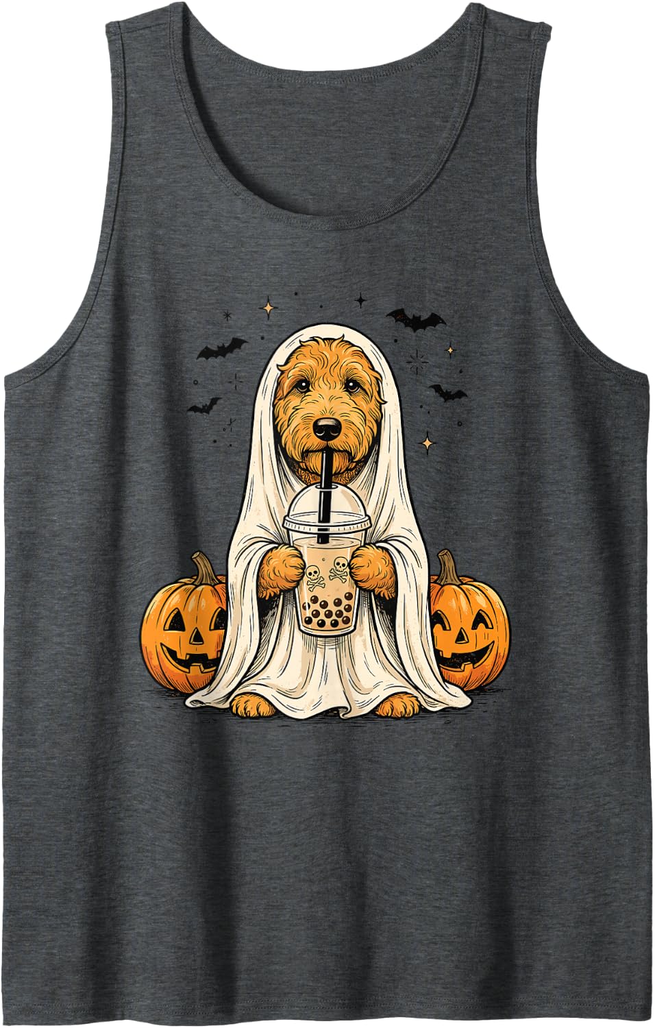 Goldendoodle Ghost and Boba Cute Funny Halloween Dog Humor Tank Top - Dark Heather Grey