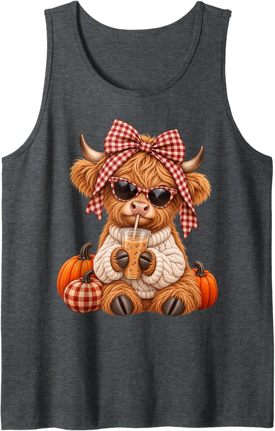 Highland Cow Iced Coffee Fall Pumpkin Plaid Coquette Bow Sleeveless Tank Top - Dark Heather Grey