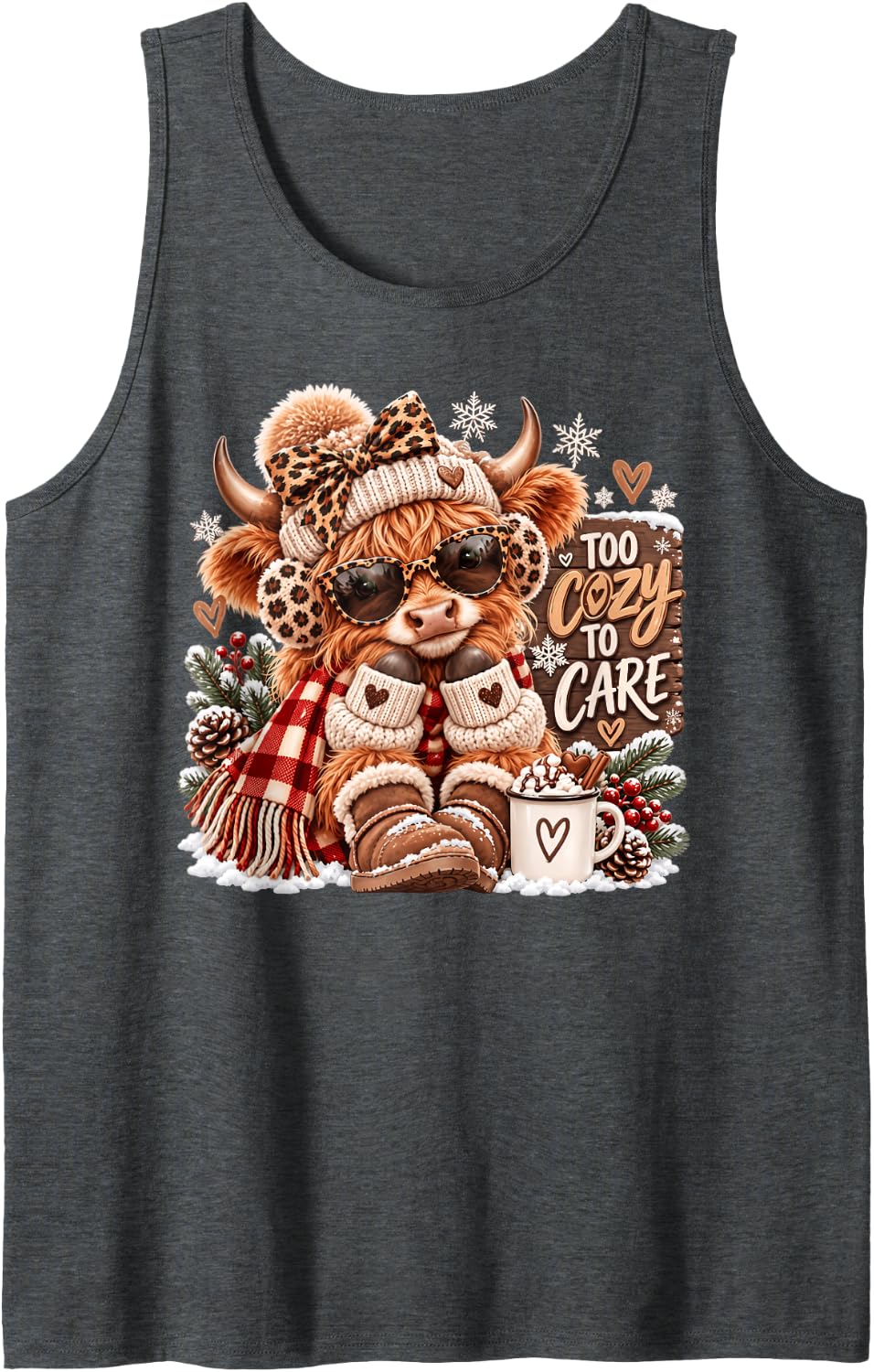 Too Cozy to Care Funny Winter Highland Cow Christmas Sleeveless Tank Top - Dark Heather Grey